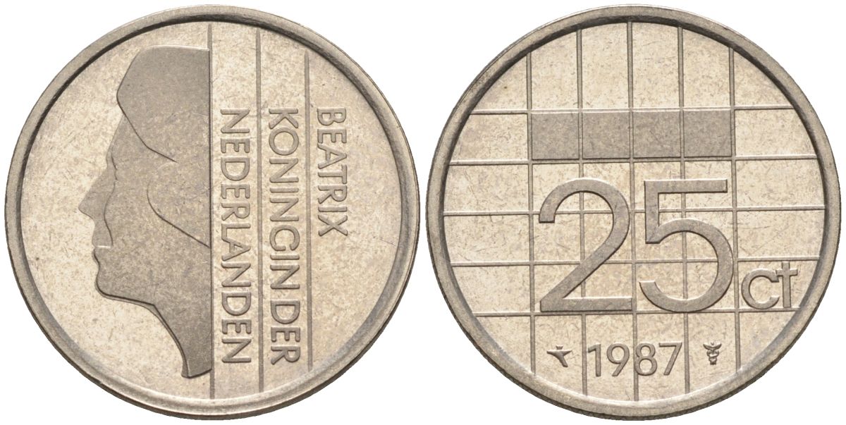 Нидерланды 25 центов 1987 Беатрикс (1980-2013) KM 204 никель UNC 4588-869