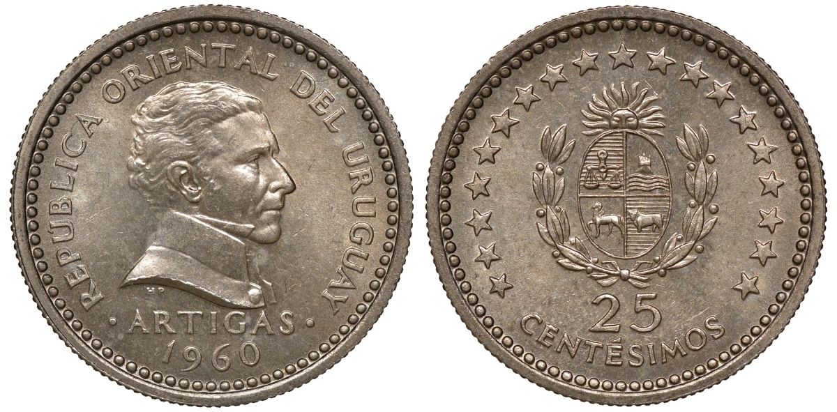 Уругвай 25 сентесимо 1960 KM 40 медно-никель 4169-1021