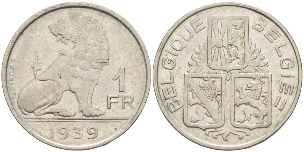 Бельгия 1 франк 1939 Леопольд III (1934-1950), Belgique-Belgie, лев KM 119 никель 4546-231