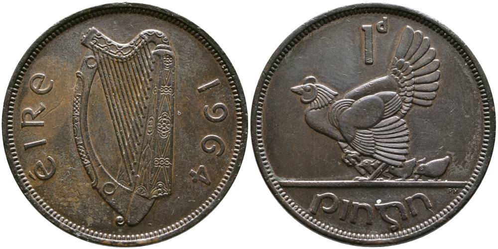 ИРЛАНДИЯ 1 ПЕННИ 1964 КУРИЦА С ЦЫПЛЯТАМИ KM 11 бронза 4531-714