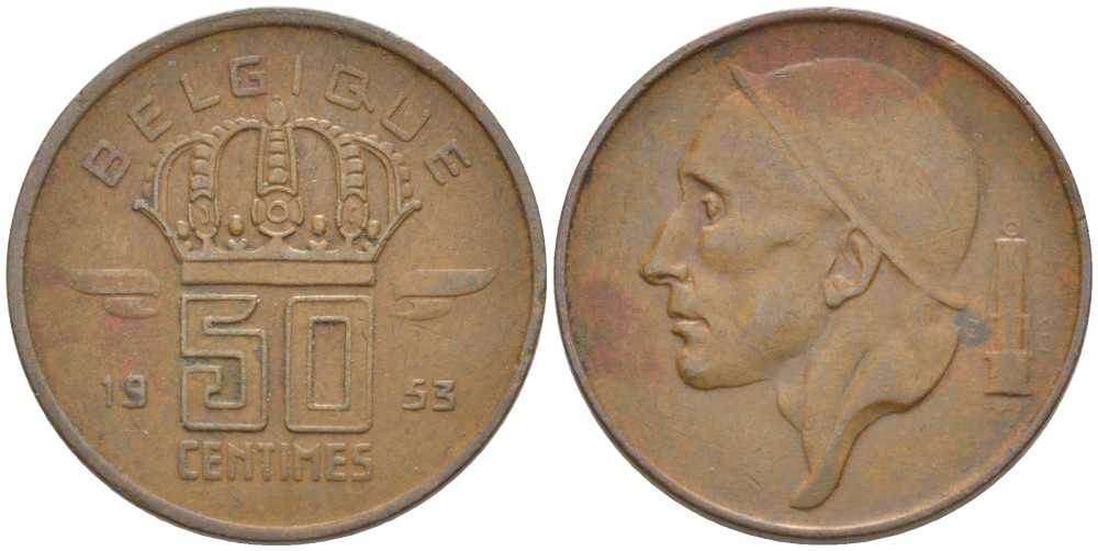 БЕЛЬГИЯ 50 САНТИМОВ 1953 BELGIQUE, БОДУЭН I (1951-1993) KM 144 бронза 116-963