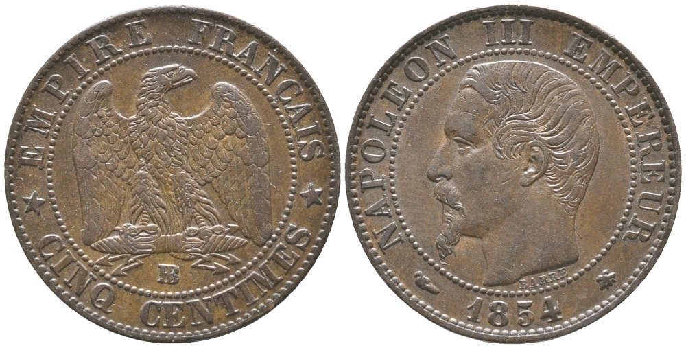 Франция 5 сантимов 1854 BB, Наполеон III (1852-1870) KM 777.3, Le Franc 116.10 бронза 34-426