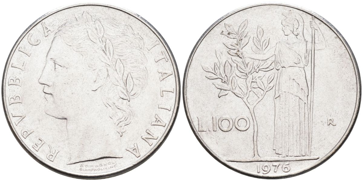 Италия 100 лир 1976 R, Афина в доспехах KM 96.1 нержавеющая сталь 4538-633