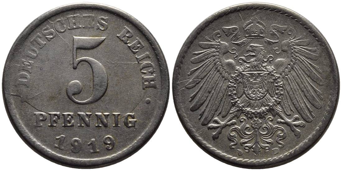 ГЕРМАНИЯ 5 ПФЕННИГОВ 1919 D, РАСКОЛ ШТЕМПЕЛЯ KM 19, Jager 297, Weege 5 железо 4547-615