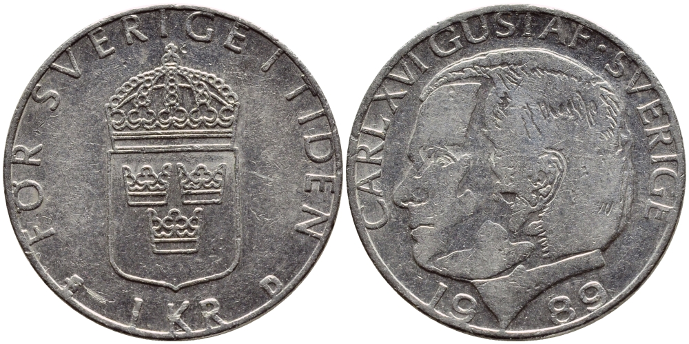 Швеция 1 крона 1989 Карл XVI Густав (1973- ) KM 852a медно-никель 4397-1233
