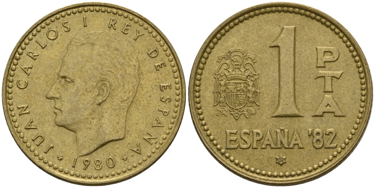 Испания 1 песета 1980 (82) чемпионат мира по футболу 1982 года в Испании, Хуан Карлос I (1975 - 2014) KM 816 алюминиевая бронза 4604-311