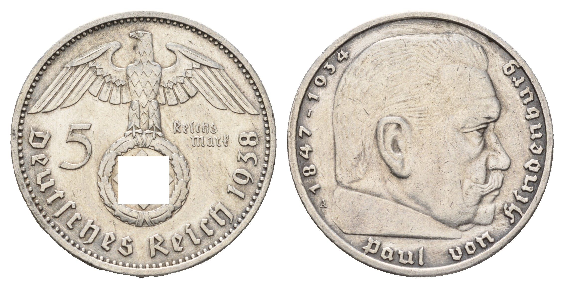 Германия 5 рейхсмарок 1938 A, Пауль фон Гинденбург (1847-1934) KM 94, J. 367 серебро 1518-1443