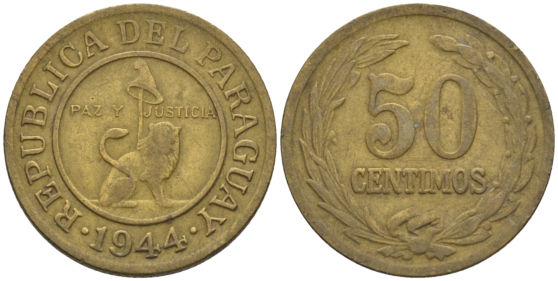 Парагвай 50 сентимо 1944 лев, фригийский колпак на шесте KM 24 алюминиевая бронза    4177-944