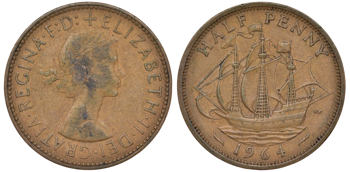 Великобритания 1/2 пенни 1964 Елизавета II (1952-2022) KM 896, Spink 4158 бронза 72-225