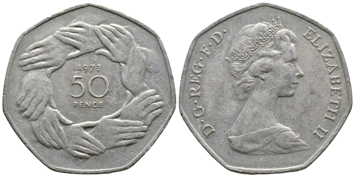 Великобритания 50 пенсов 1973 Елизавета II (1952-2022), вступление в Европейское экономическое сообщество KM 918, Spink 4224 медно-никель 4364-4215