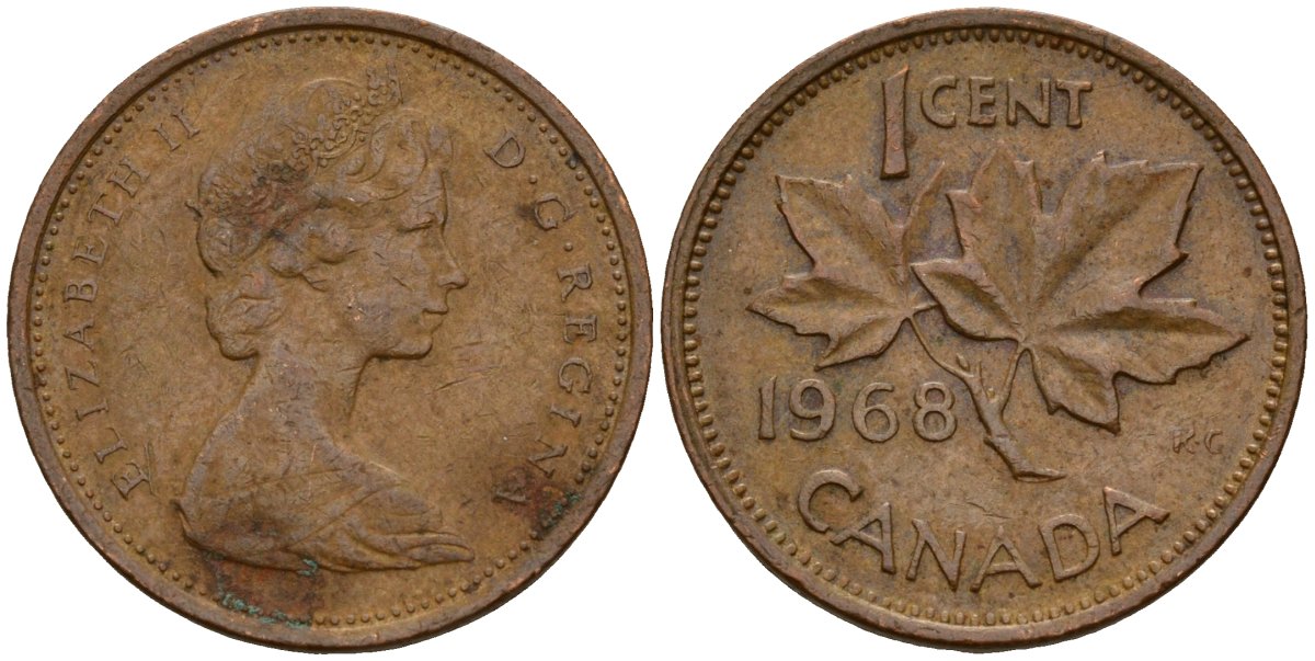 Канада 1 цент 1968 Елизавета II (1952-2022), кленовый лист KM 59.1 бронза 4189-868