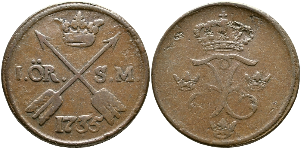 Швеция 1 эре 1735 S.M. Фредерик I (1720-1751) KM 416.1 медь 23-441