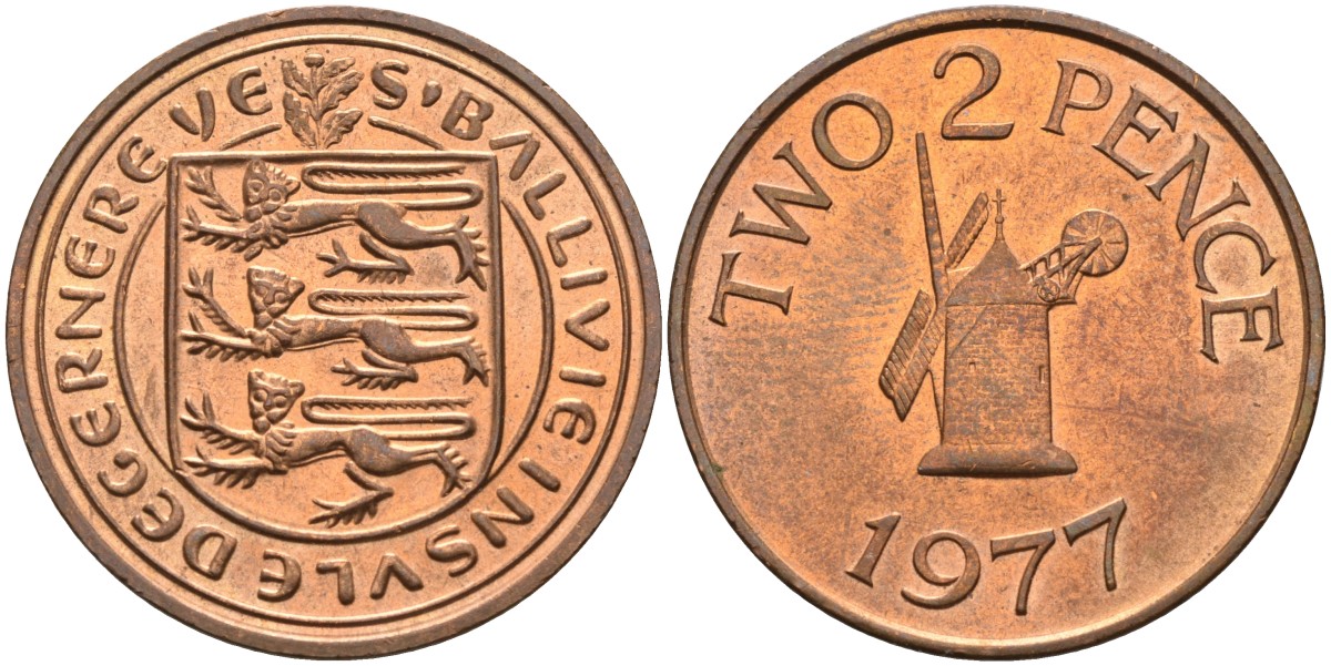 Гернси 2 пенса 1977 ветряная мельница KM 28 бронза UNC 4583-145