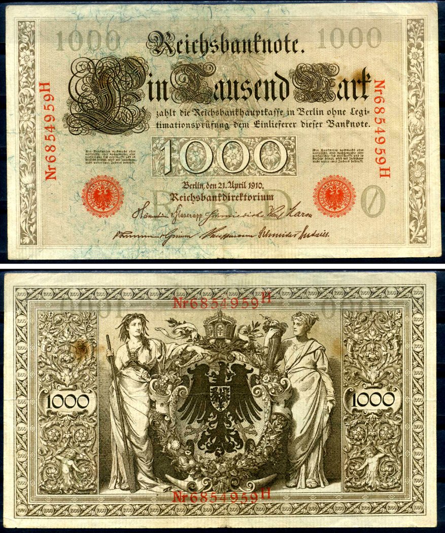 Германия 1000 марок 1910 21 апреля 1910, красная печать, номер семизначный, серия H, буква O, выпуск АПРЕЛЬ - ИЮЛЬ 1918 Pick 44 b бумага 8618-8-1-2