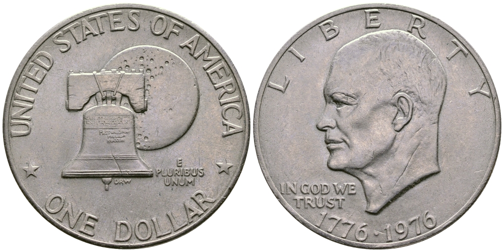 США 1 доллар 1976 200 лет независимости, Президент Эйзенхауэр, колокол, тип II KM 206 медь плакированная медно-никелем 74-433
