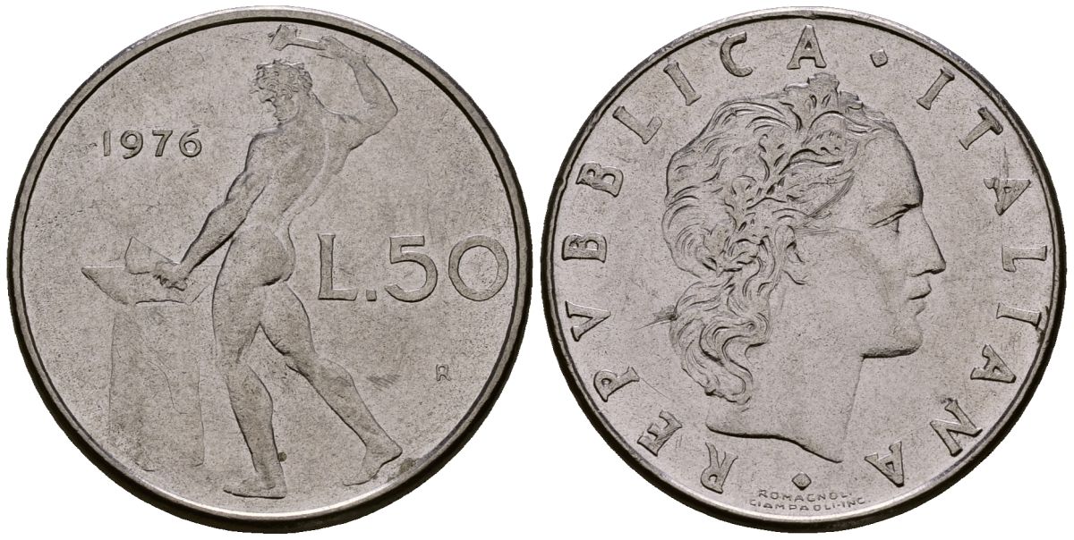 Италия 50 лир 1976 R, бог Вулкан у наковальни KM 95.1 нержавеющая сталь 4176-241