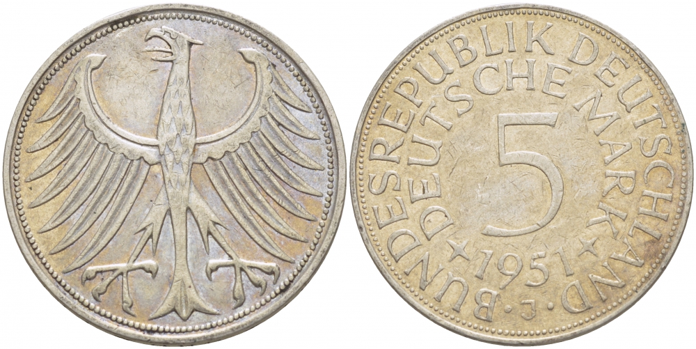 ФРГ 5 марок 1951 J (Гамбург), J. 387, KM 112.1 серебро 3996-243