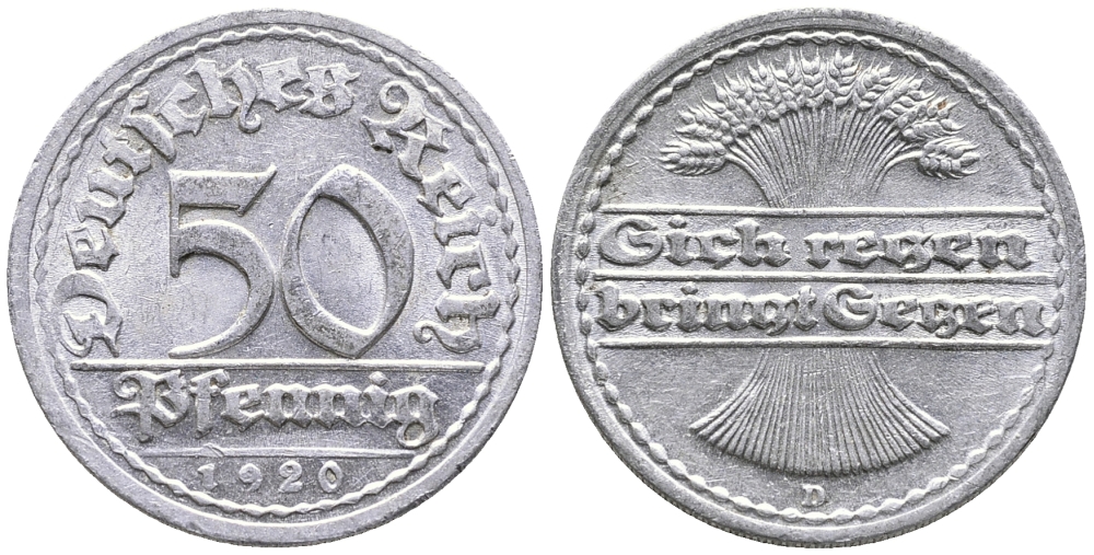 ГЕРМАНИЯ 50 ПФЕННИГОВ 1920 D KM 27, J. 301 алюминий 24-943