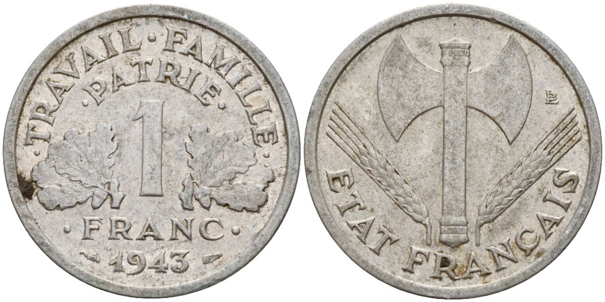 Франция 1 франк 1943 Правительство Виши KM 902.1, LE FRANC 223.3 алюминий 4150-835