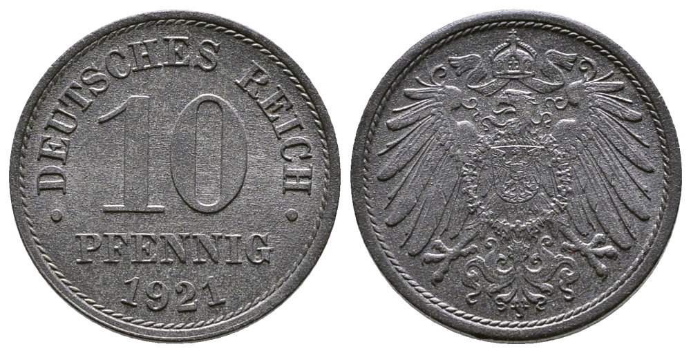 ГЕРМАНИЯ 10 ПФЕННИГОВ 1921 KM 26, J. 299 цинк 4380-235