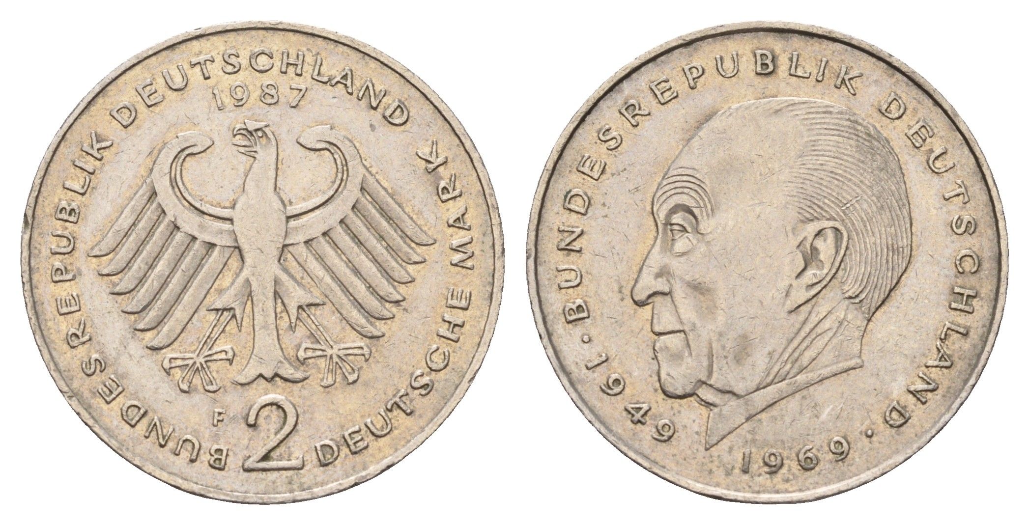 ФРГ 2 марки 1987 F, Конрад Аденауэр, 20 лет Федеративной Республике (1949-1969) KM 124, J. 406 медно-никель плакированный никелем 186-1246