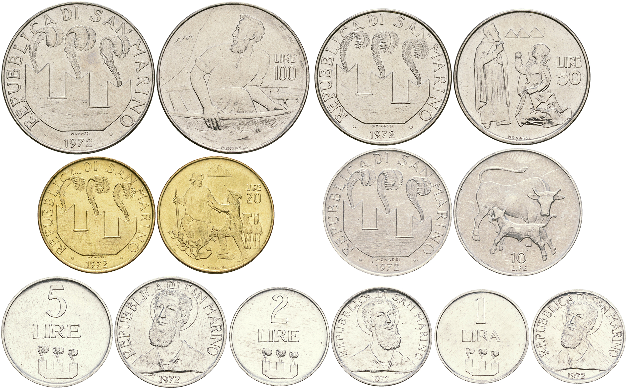 Сан-Марино годовой набор из 7 монет 1972 1, 2, 5, 10, 20, 50 и 100 лир KM 14-20 UNC 3-6-4-39