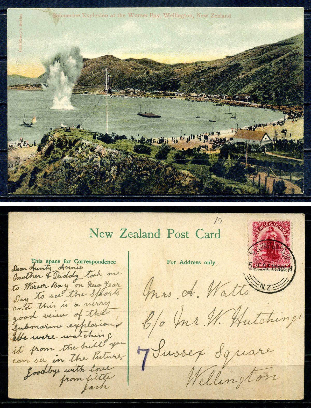 Новая Зеландия post card - открытка 1907 Веллингтон, пляж Worser Bay, взрыв подлодки, с маркой в 1 пенни 2193-50