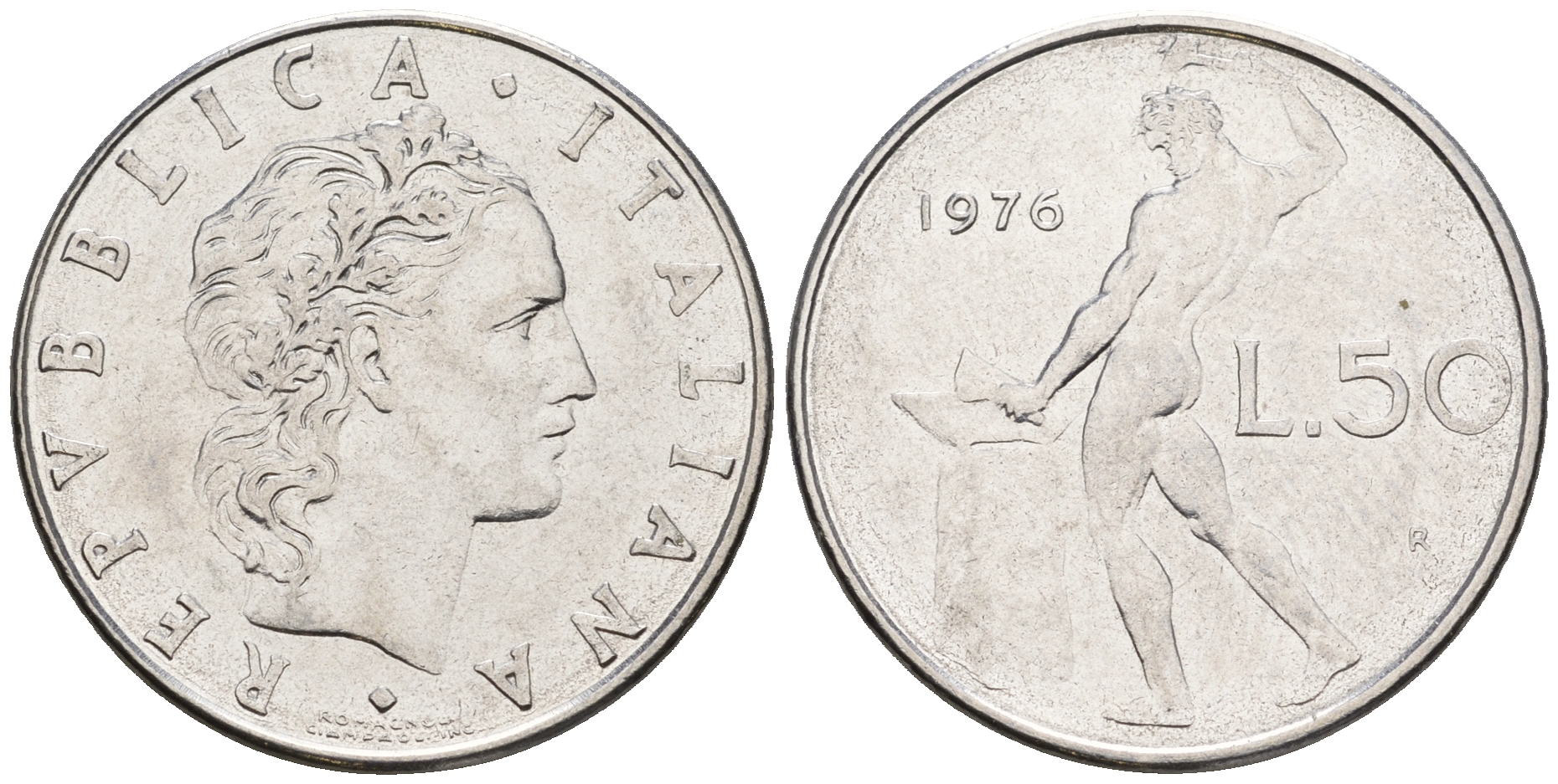 Италия 50 лир 1976 R, бог огня Вулкан у наковальни KM 95.1 нержавеющая сталь 259-133