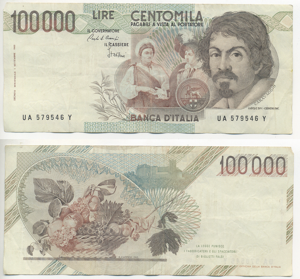 Италия 100000 лир 1983 Караваджо, фруктовый букет, подпись Speziali Pick 110b бумага 7220-29-3