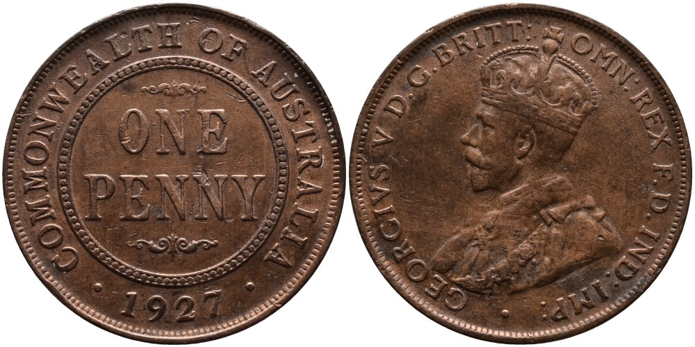 АВСТРАЛИЯ 1 ПЕННИ 1927 ГЕОРГ V (1910-1936) KM 23 бронза 4179-213