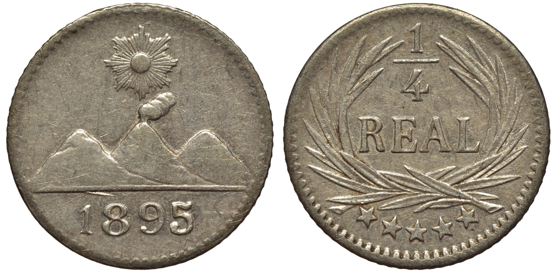 Гватемала 1/4 реала 1895 5 звезд, Испанское правление KM 162 серебро 4549-662