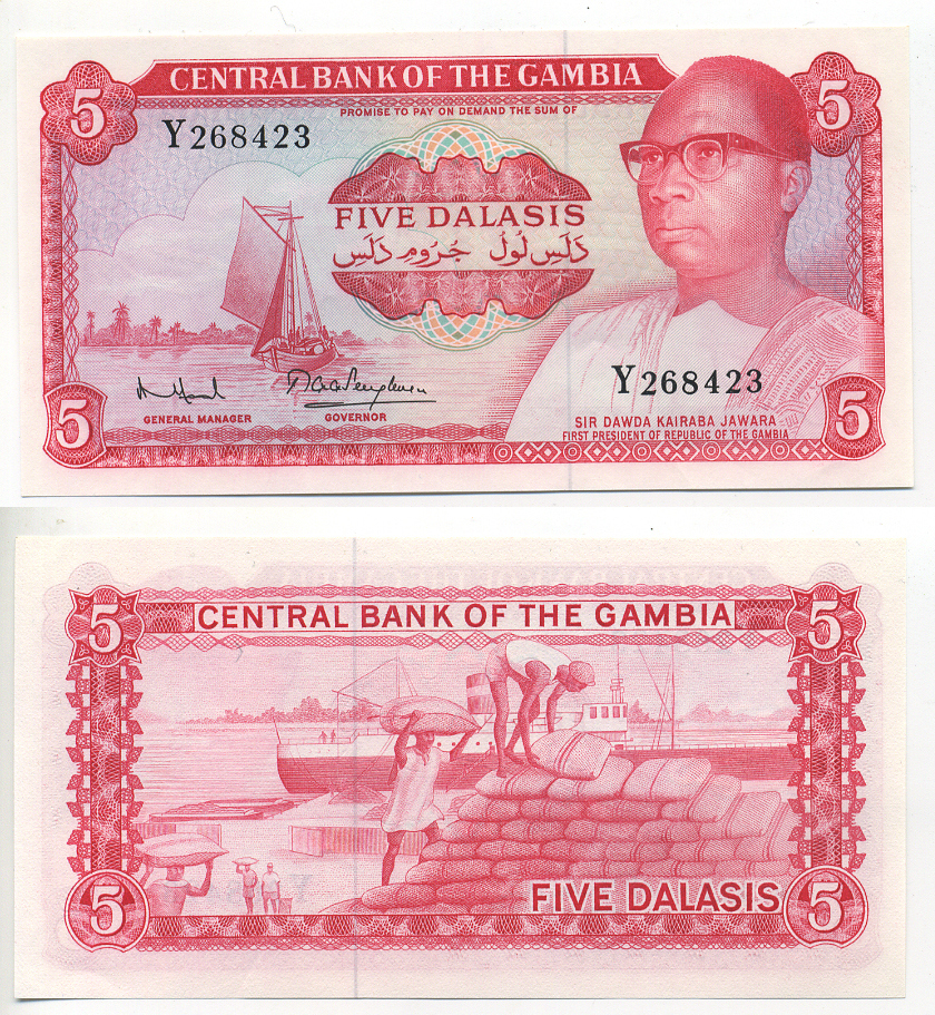 Гамбия 5 даласи ND (1972-1986) Дауда Кайраба Джавара, парусник Pick 5 d бумага UNC (пресс) 6278-48-2