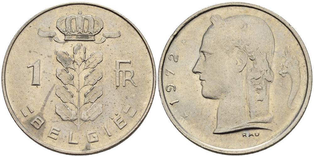 БЕЛЬГИЯ 1 ФРАНК 1972 BELGIE KM 143.1 медно-никель 4546-416