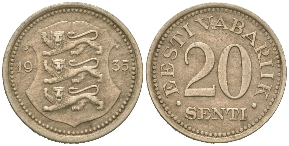 Эстония 20 центов 1935 Республика (1918-1941) KM 17 никель бронза 4615-1121