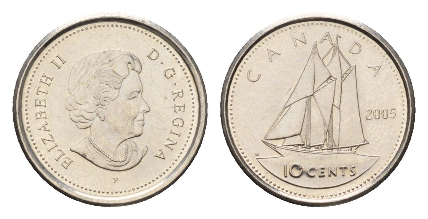 Канада 10 центов 2005 P, Елизавета II (1952-2022), парусник KM 492 сталь плакированная никелем UNC 4689-626