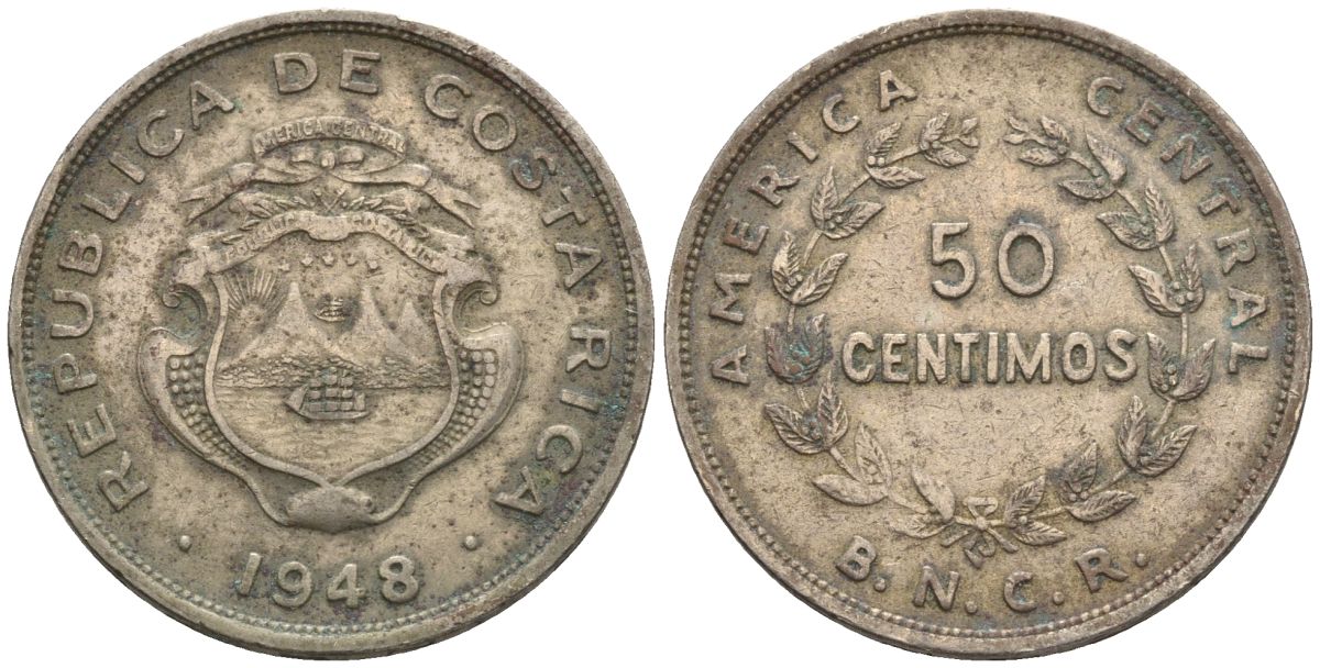 Коста-Рика 50 сентимо 1948 KM 176 медно-никель 4116-1017