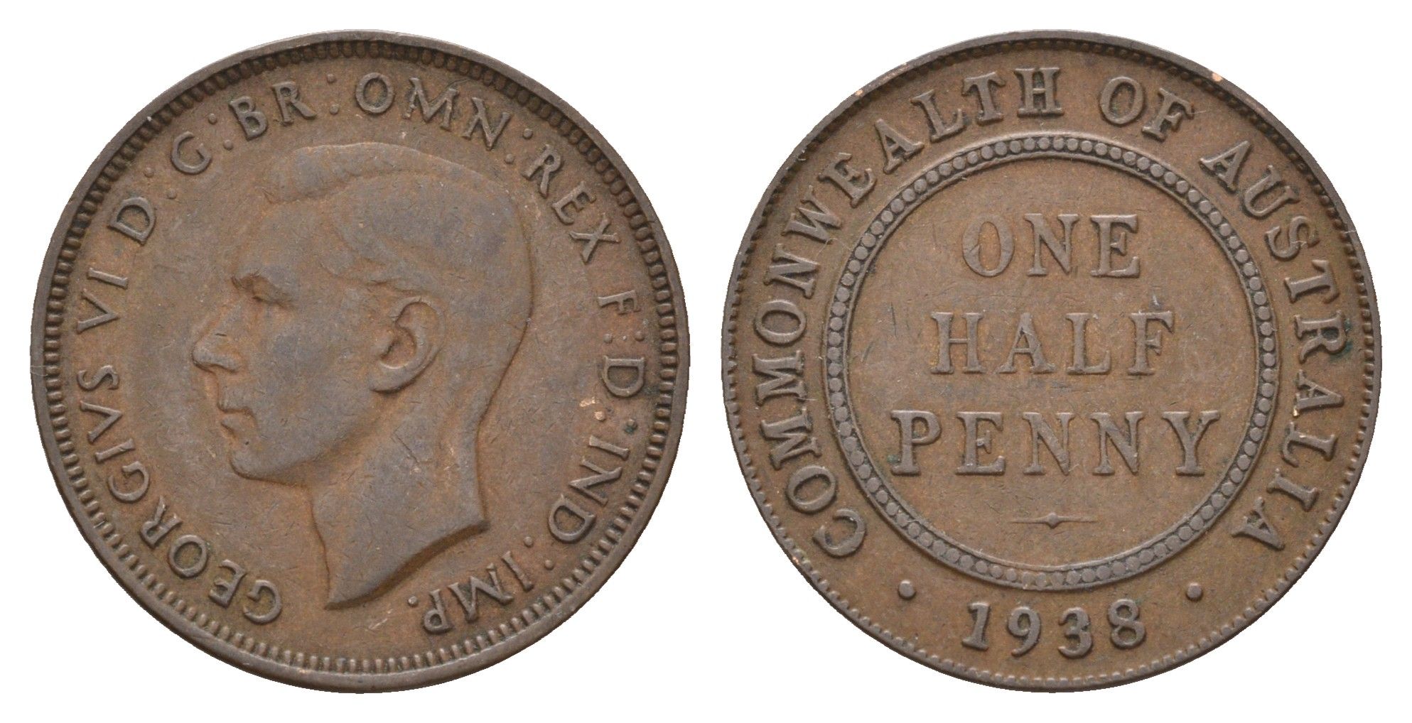 Австралия 1/2 пенни 1938 Георг VI (1936-1952), кенгуру KM 35 бронза 4671-426