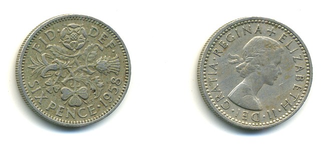 Великобритания 6 пенсов 1958 Елизавета II (1952-2022) KM 903, Spink 4149 медно-никель 23-822