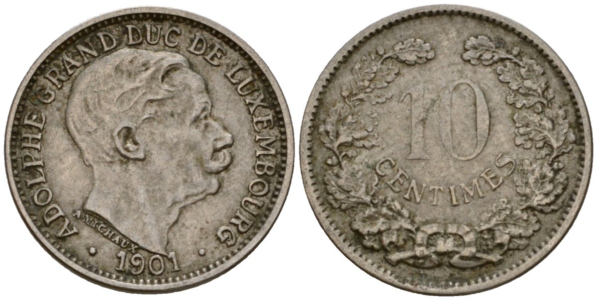 Люксембург 10 сантимов 1901 Адольф (1890-1905) KM 25 медно-никель 4602-425