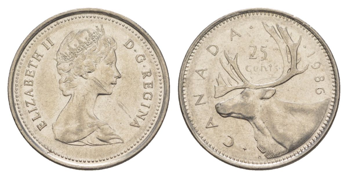 Канада 25 центов 1986 Елизавета II (1952-2022), олень KM 74 никель 4631-635