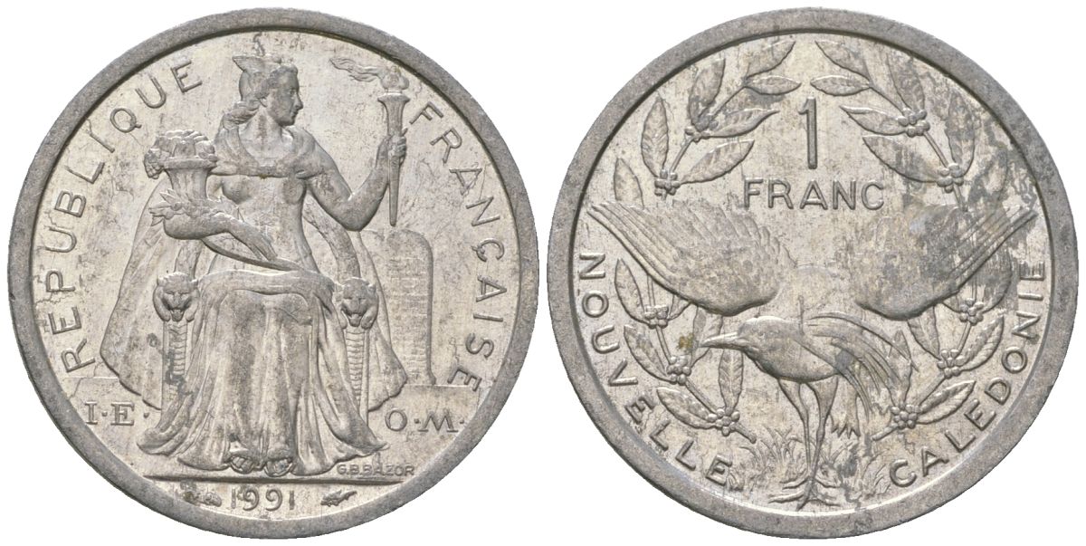 Французская Новая Каледония 1 франк 1991 птица кагу, (IEOM) KM 10, Schoen 10, Lec 51 алюминий 53-1045