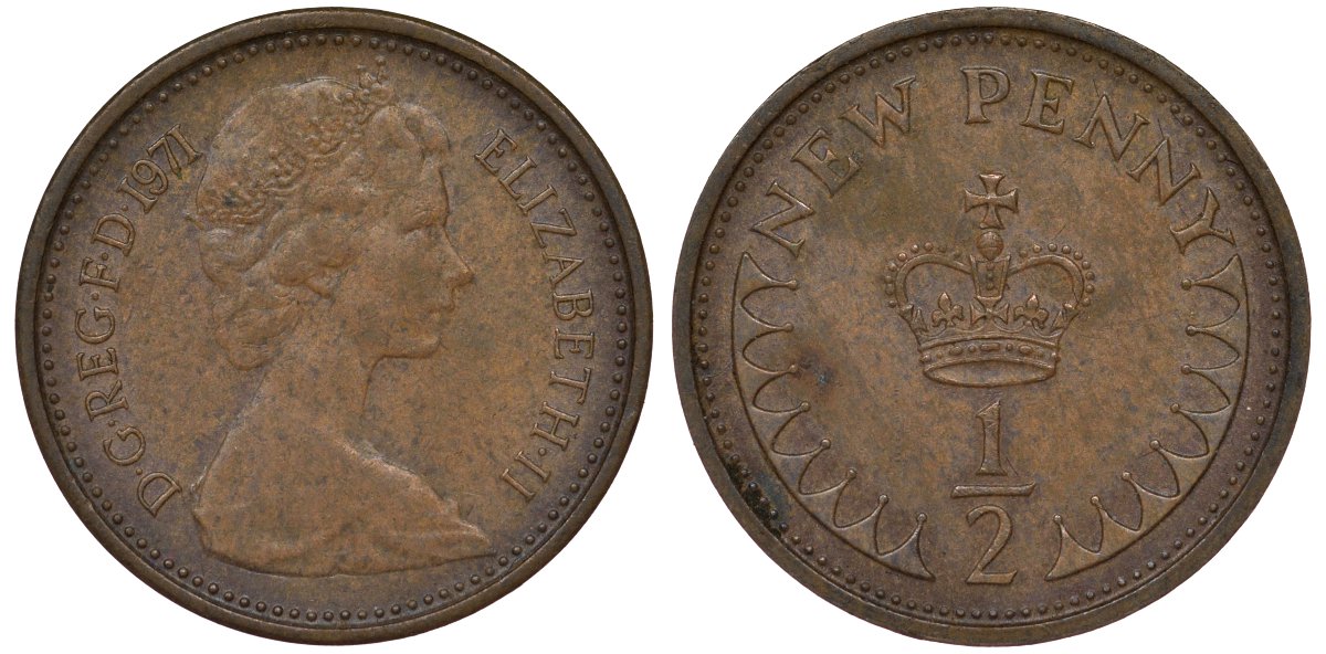 Великобритания 1/2 пенни 1971 Елизавета II (1952-2022) KM 914, Spink 4239 бронза 4124-464