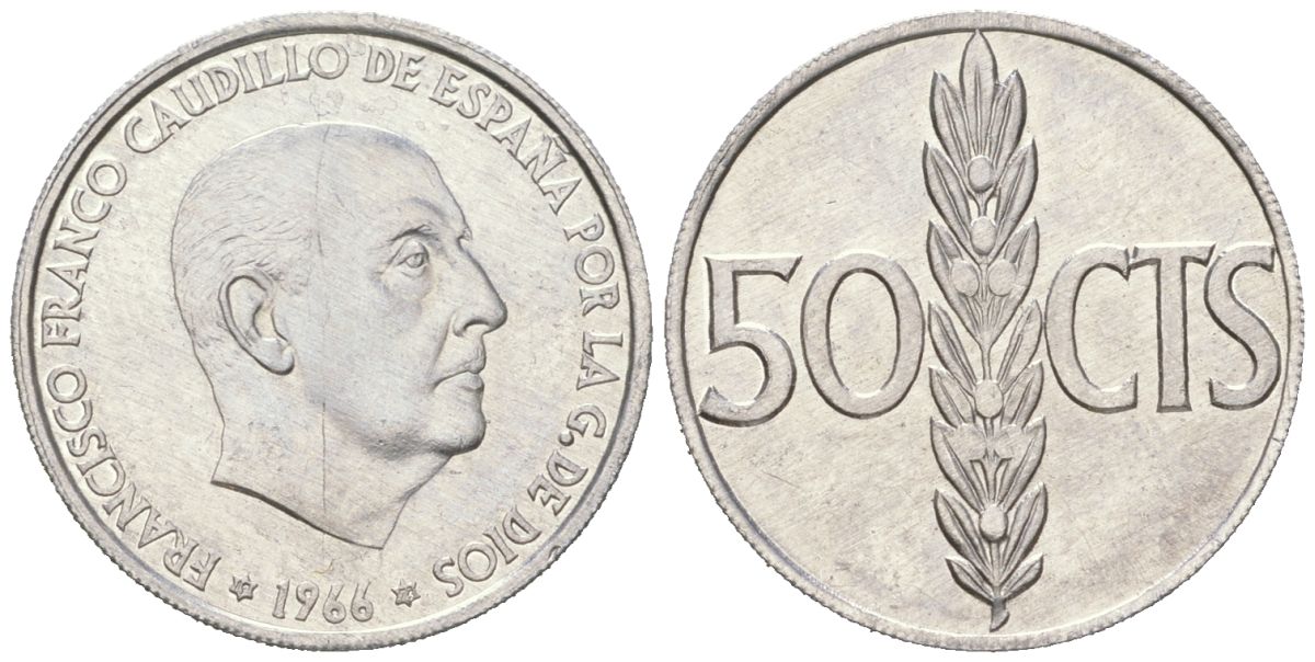 Испания 50 сентимо 1966 (74) Франсиско Франко (1939-1975) KM 795 алюминий UNC 261-653