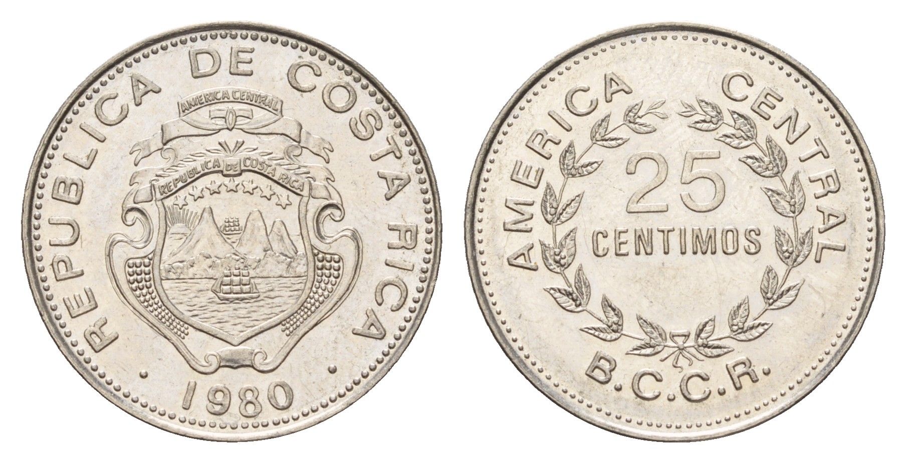 Коста-Рика 25 сентимо 1980 KM 188.1a сталь плакированная никелем 183-747