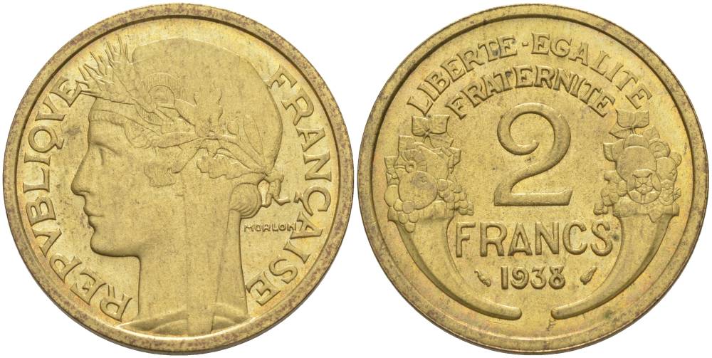ФРАНЦИЯ 2 ФРАНКА 1938 ТИП MORLON KM 886, LE FRANC 268.11 алюминиевая бронза 69-1241