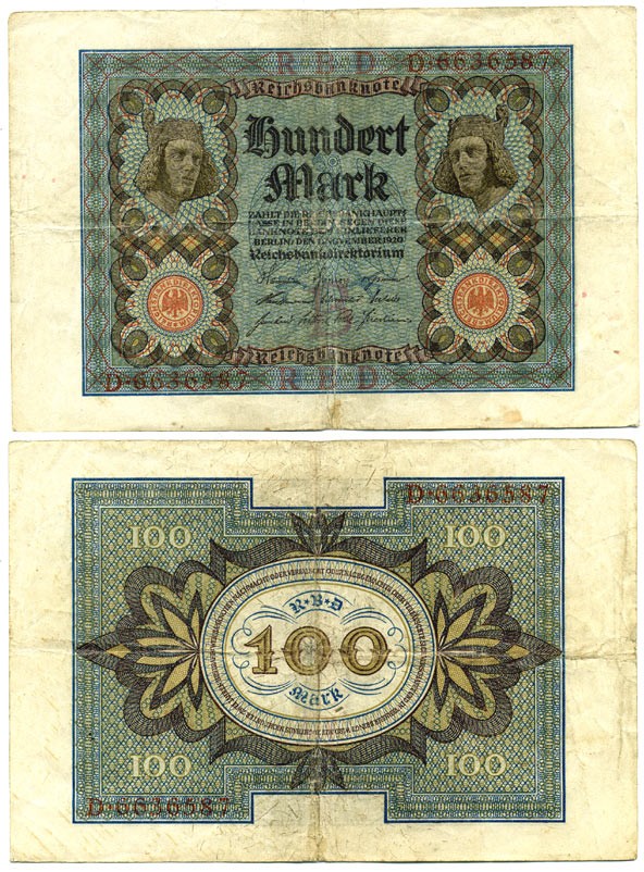 Германия 100 марок 1920 Бамбергский всадник, 7 цифр в номере Pick 69 a, Розенберг 67а  бумага 7146-11-3-1