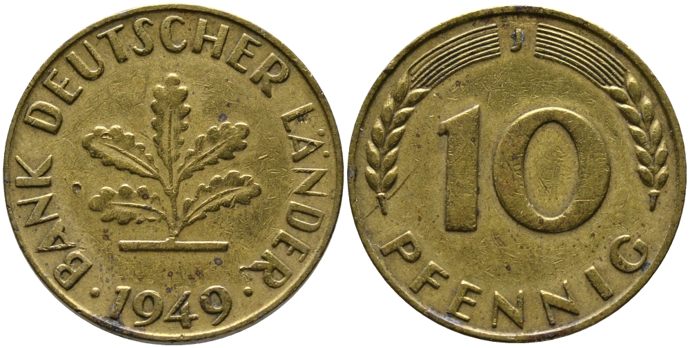 ФРГ 10 ПФЕННИГОВ 1949 J KM 103, J. 378 сталь плакированная латунью 98-527