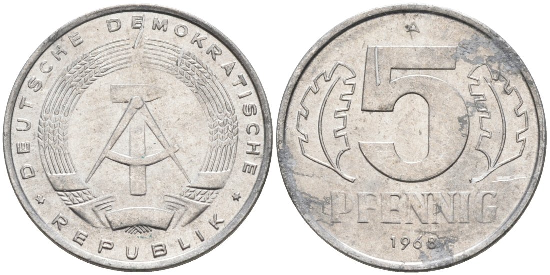 ГДР 5 пфеннигов 1968 А KM 9.1 алюминий 4564-1034