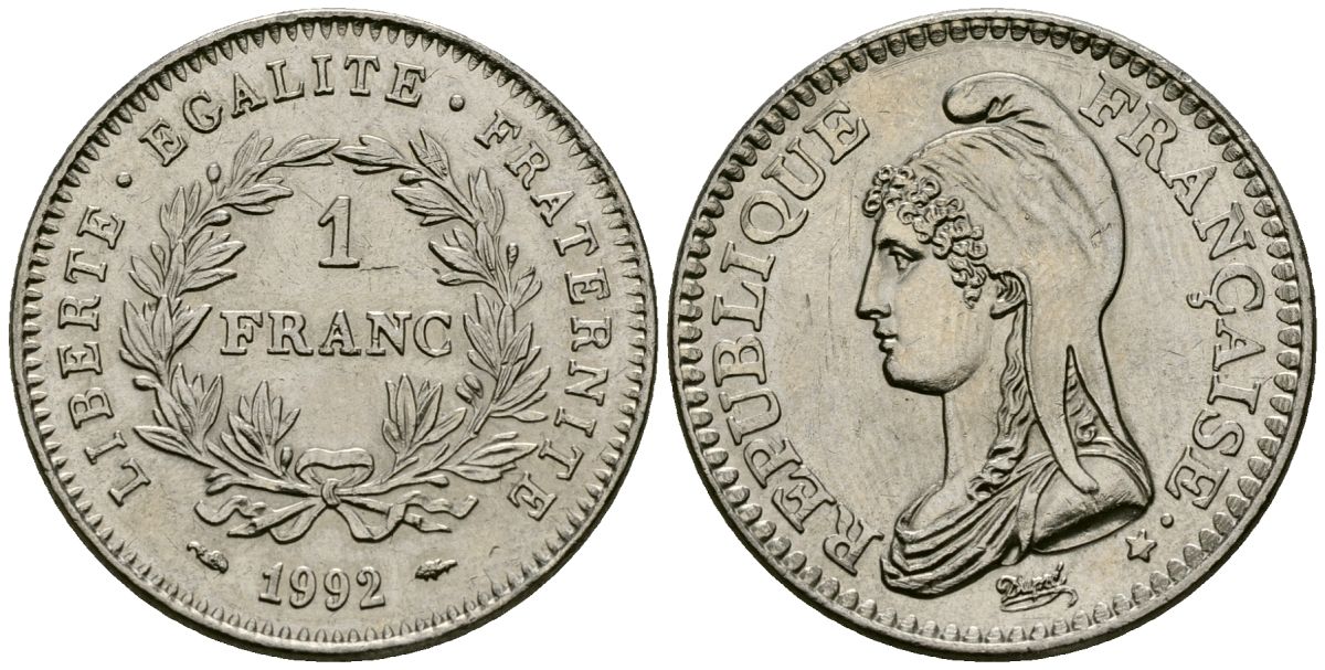 Франция 1 франк 1992 200 лет Французской республике KM 1004.1, Le Franc 229.2 никель 4171-1151
