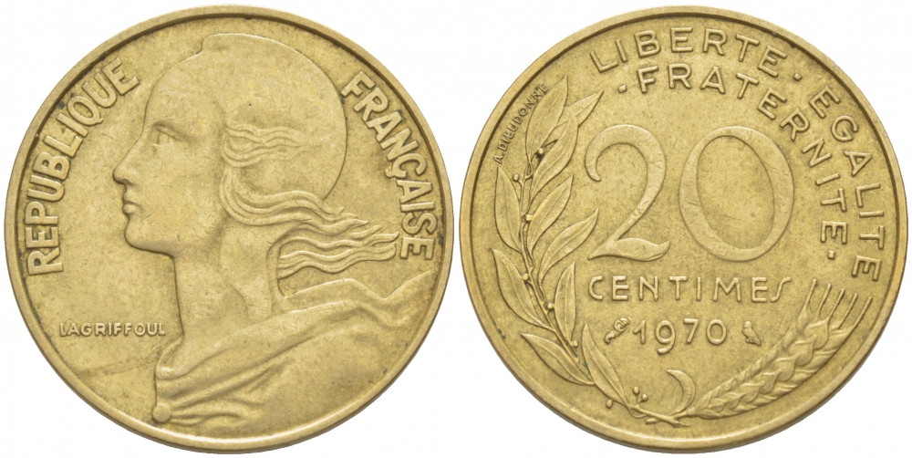 ФРАНЦИЯ 20 САНТИМОВ 1970 KM 930 медь алюминий никель 4402-952